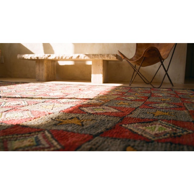 1920s Gray Red Geometric Folk Art Antique American Hooked Rug 6'8" X 7'5" Hand Knotted Wool Carpet For Sale - Image 18 of 18