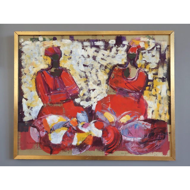 CRIMSON CONVERSATION Size: 20.1 x 25.2 inches (including frame) Oil and gouache on board A bold and expressive mid-century...