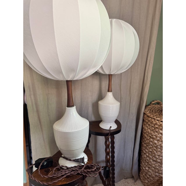 Wood Mid 20th Century Ceramic Lamps With Globe Shade — Rewired Pair For Sale - Image 7 of 7