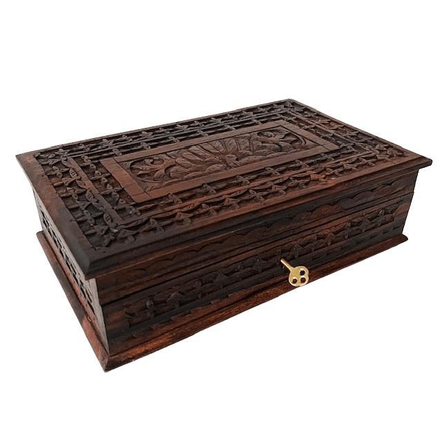 Brown Vintage Indian Handmade Wood Carving Jewelry Box with Lock, 1970s For Sale - Image 8 of 11