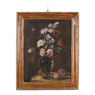 Vase with Flowers and Fruit, Oil on Canvas, Framed For Sale