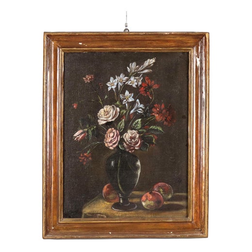 Vase with Flowers and Fruit, Oil on Canvas, Framed For Sale