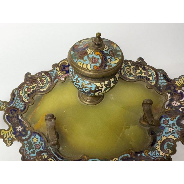 French Napoleon III Champlevé Enamel Inkwell on Tray, 1800s For Sale - Image 3 of 14