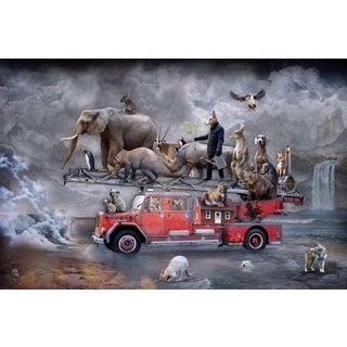 To the Rescue by Marcin Owczarek | Photography of animals on a fire truck in a surreal landscape For Sale