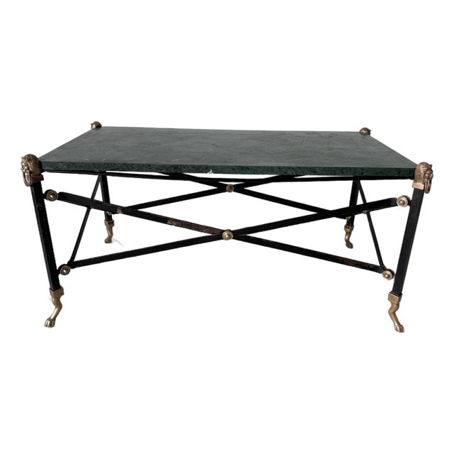Hollywood Regency Neoclassical Style Green Marble & Brass Lion Head Cocktail Table For Sale