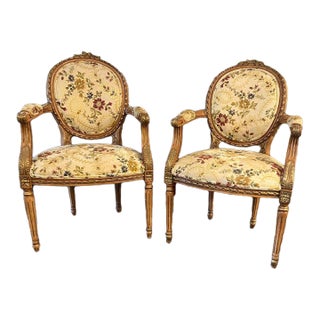 Late 20th Century Pair of Louis XVI Style Upholstered Balloon Back Walnut Carved Fauteuil Chairs For Sale