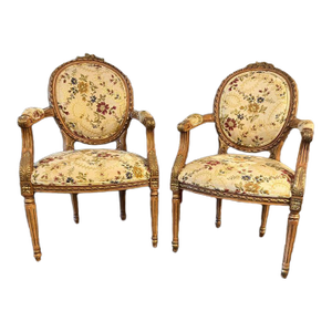 Late 20th Century Pair of Louis XVI Style Upholstered Balloon Back Walnut Carved Fauteuil Chairs