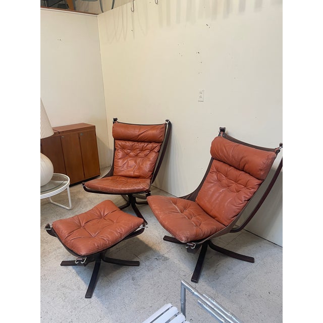 Brown Pair of Vintage Cognac Leather/Beech Chairs and Ottoman For Sale - Image 8 of 8