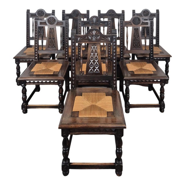 Breton Carved Chairs with Straw Seats, Set of 8 For Sale