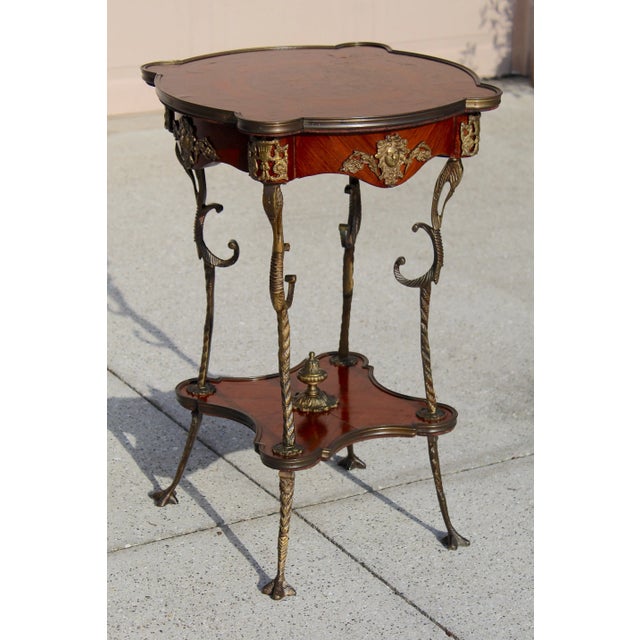 Wood French Louis XV Revival Style Parquetry & Gilt Metal Accent Table, Mid 20th Century For Sale - Image 7 of 15