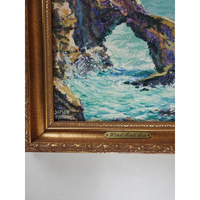 Vintage rocky coastal seascape oil on Masonite by Simon Michael (1905-2002), circa 1940. Simon was a noted Rockport, Texas...