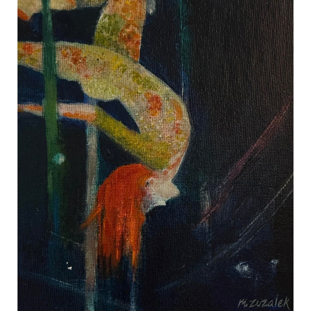 Original painting of a woman on a trapeze in vivid dark blues yellows and greens "Balance Brings Flow” In this captivating...