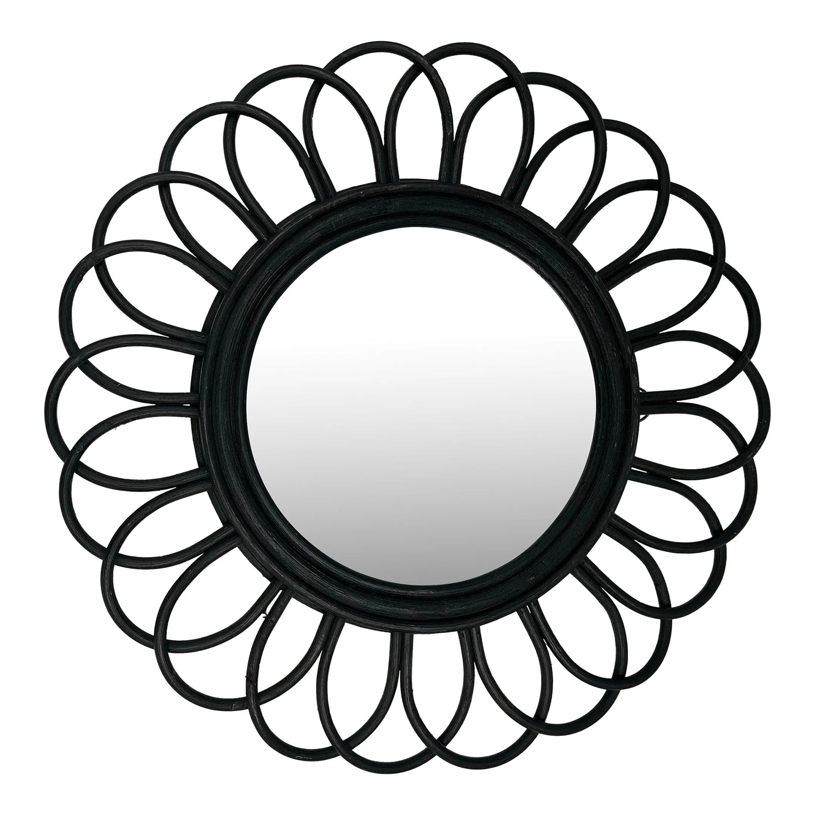 Vintage Black Rattan Sunburst Flower Wall Mirror | Chairish