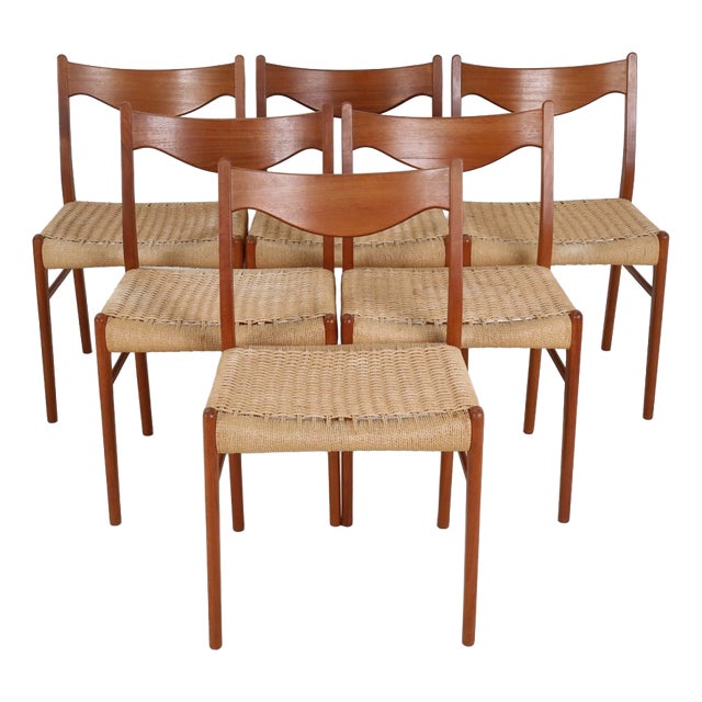 Danish GS60 Chairs in Teak and Paper Cord by Arne Wahl Iversen for Glyngøre Stolefabrik, 1970s, Set of 6 For Sale