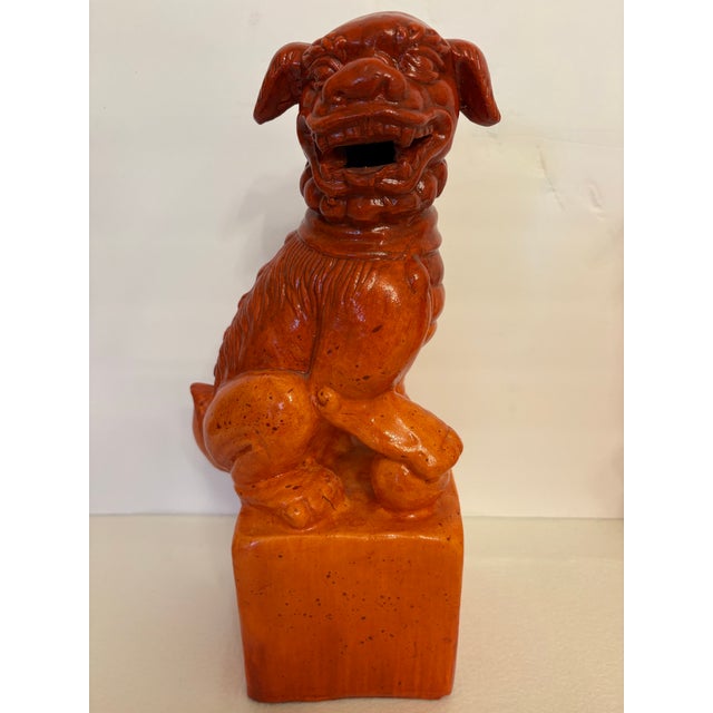 Vintage Mid-Century Terracotta 12.5-Inch Orange Foo Dogs - A Pair For Sale - Image 4 of 5