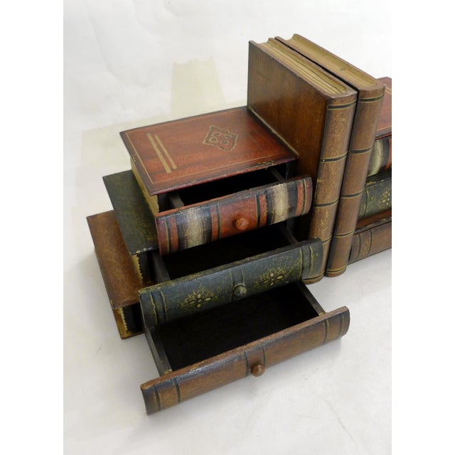Wood Bookends with Secret Boxes in Trompe L'Oeil of Stacked Books, 1980s, Set of 2 For Sale - Image 3 of 12
