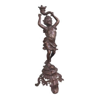 Antique-Style Figural Cherub Candle Holder in Cast Metal With Rococo Base 19.5” For Sale