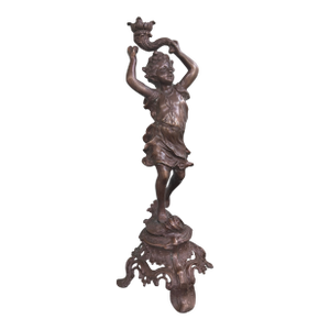 Antique-Style Figural Cherub Candle Holder in Cast Metal With Rococo Base 19.5”
