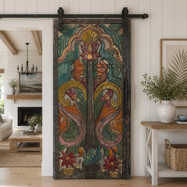 1920s Hand-Painted Carved Wood Door Panel – Tree of Life With Lotus, Cranes & Elephant Motifs 84x36 For Sale - Image 5 of 5