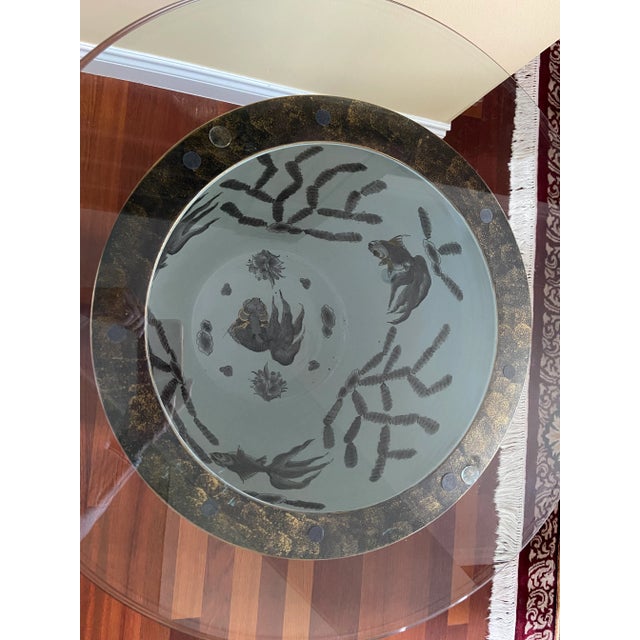 Chinese Porcelain Fishbowl in lovely jewel color tones and contemporary design. Includes a beveled glass top with black...