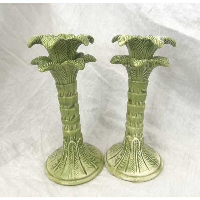 1990s Pair of Ceramic Palm Tree Candle Holders For Sale - Image 5 of 6