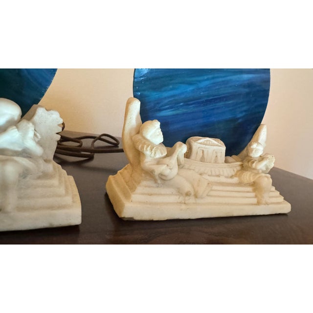 Blue 1920s Art Deco Figural Alabaster & Slag Glass "Full Moon" Pierrot Lamps - A Pair For Sale - Image 8 of 9