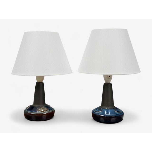 Søholm Stentøj, Danish Mid-Century Modern, Glazed Stoneware, Table Lamps, Denmark, 1970s Pair of blue and brown partially...