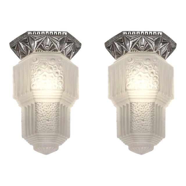 Pair of Francis Hubens & Muller Freres French Art Deco Flush Mounts - 1930s Frosted Glass & Nickel For Sale