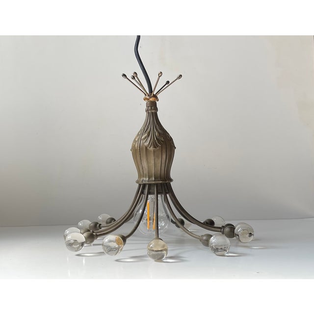 Glass Art Deco Bronze & Glass Octopus Chandelier attributed to Aage Rafn, 1920s For Sale - Image 7 of 13