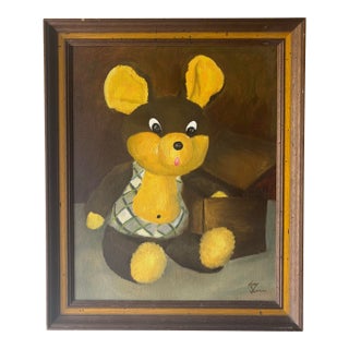 Vintage Teddy Bear Painting - Whimsical Rustic Modern Folk Art For Sale