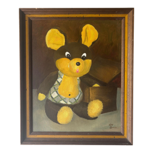 Vintage Teddy Bear Painting - Whimsical Rustic Modern Folk Art