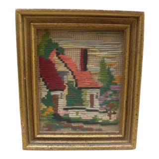 1970s Needlepoint Cottage Framed For Sale