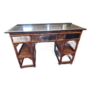 Antique 19th Century Chinese Rattan Desk With Black Lacquer and Bamboo For Sale