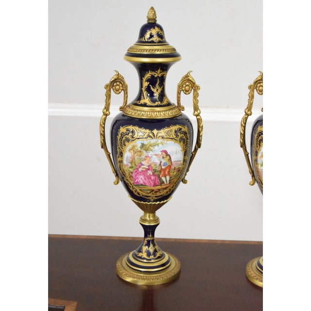 French Pair Vintage Sevres Porcelain Bronze Mounted Urns For Sale - Image 3 of 12