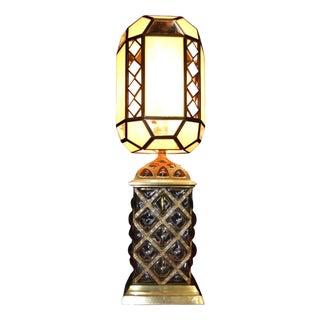 Mid-Century Brass Table Lamp with Stained Glass Shade, 1950 For Sale