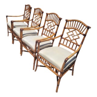 Vintage Chinese Chippendale Rattan Bamboo Dining Room Arm Chairs- Set of 4 For Sale