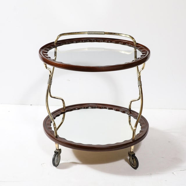 Mid-Century Modernist Two-Tier Walnut, Polished Brass & Glass Serving Cart For Sale - Image 9 of 12