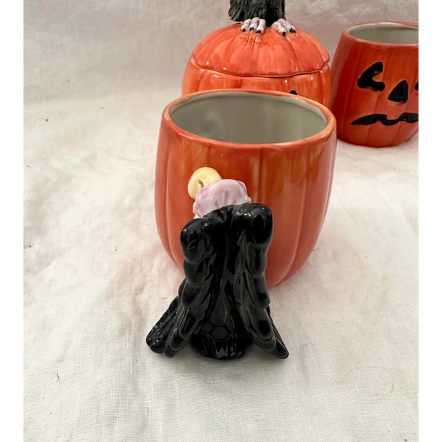 Farmhouse Fitz & Floyd Jack-O-Lantern/Vulture Mugs W/Sugar Dish-A Set For Sale - Image 3 of 6