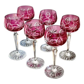 Vintage Ruby Cut-to-Clear Crystal Hock Wine Glasses, 1950, Set of 6 For Sale