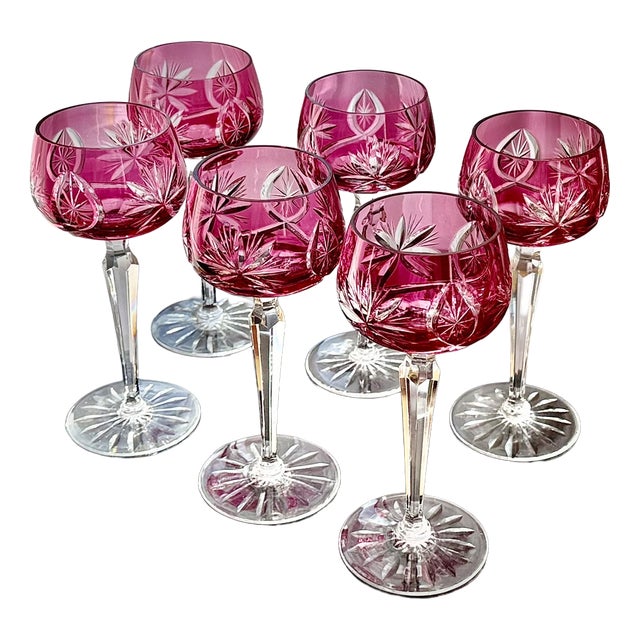 Vintage Ruby Cut-to-Clear Crystal Hock Wine Glasses, 1950, Set of 6 For Sale