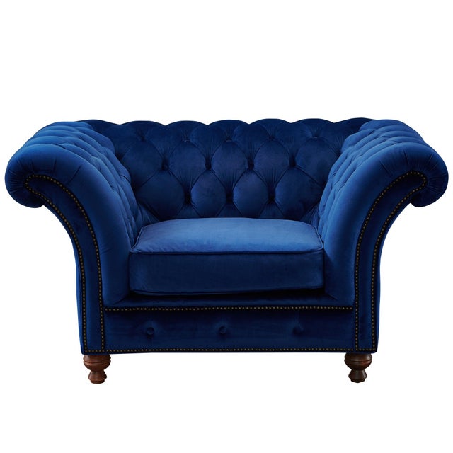 Italian Peyton Sloped Arm Chesterfield Arm Chair - Blue Velvet For Sale - Image 3 of 7