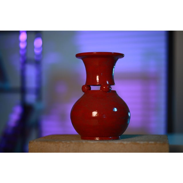 Art Deco Red Ceramic Vase, Handmade Sculptural Pottery, Unique Clay Art, Statement Home Decor For Sale - Image 3 of 8