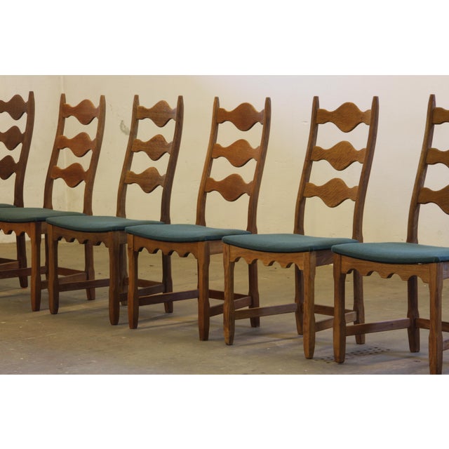 Mid-Century Modern Vintage Danish Brutalist Ladderback Oak Chairs in the style of Henning Kjærnulf, 1960s, Set of 6 For Sale - Image 3 of 18