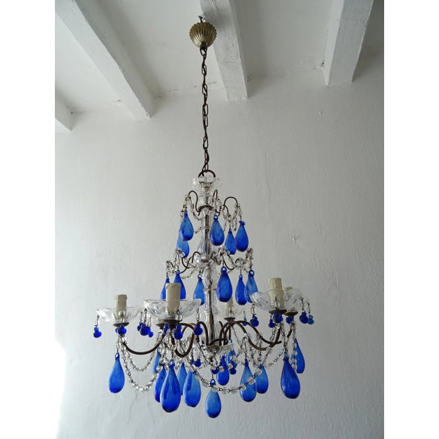 Italian Italian Mouth Blown Cobalt Blue Murano Drops Crystal Swags Chandelier, C 1920 For Sale - Image 3 of 11