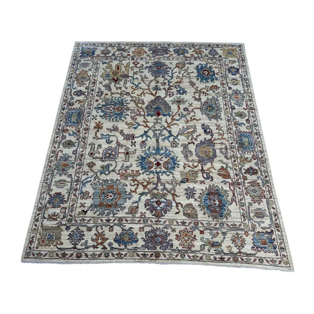 Art Deco Oushak Handmade Wool Rug With Ivory and Blue Floral Pattern For Sale - Image 3 of 5