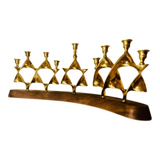50s Huge Vintage Mid Century Danish Modern Curved Brass Star of David on Wooden Pedestal Menorah Sculpture 2 Feet Long For Sale