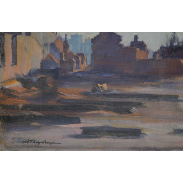 Impressionist Mid Century Industrial Scene and Church Ruins Russian Cityscape by A. Verbitski For Sale - Image 3 of 6