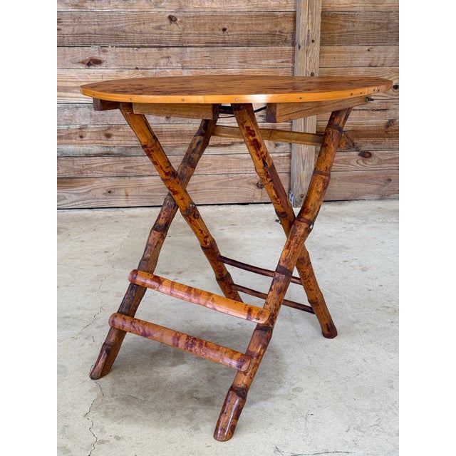 1990s Vintage Boho Tortoise Rattan and Bamboo Slat Folding Side Table For Sale - Image 5 of 12
