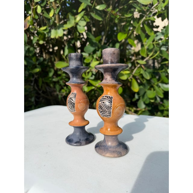 Late 20th Century Vintage Postmodern Carved Soapstone Candlesticks , a Pair For Sale - Image 5 of 11
