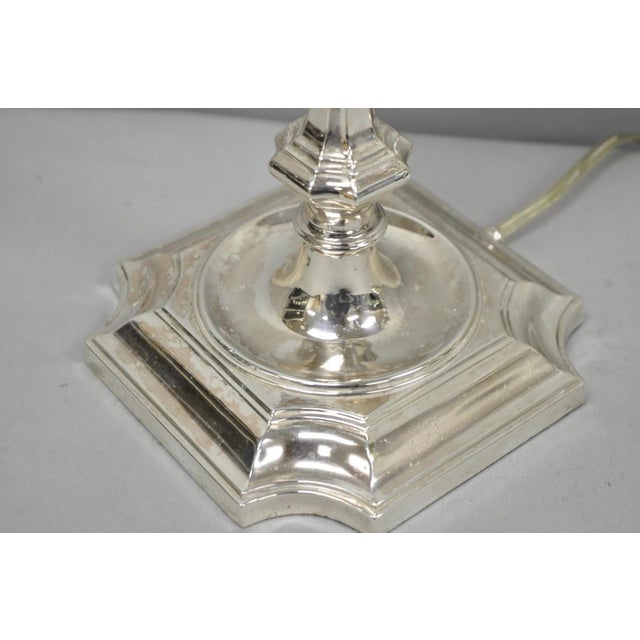 Antique English Regency Silver Plated Footed Candlestick Table Lamps - A Pair For Sale - Image 12 of 16